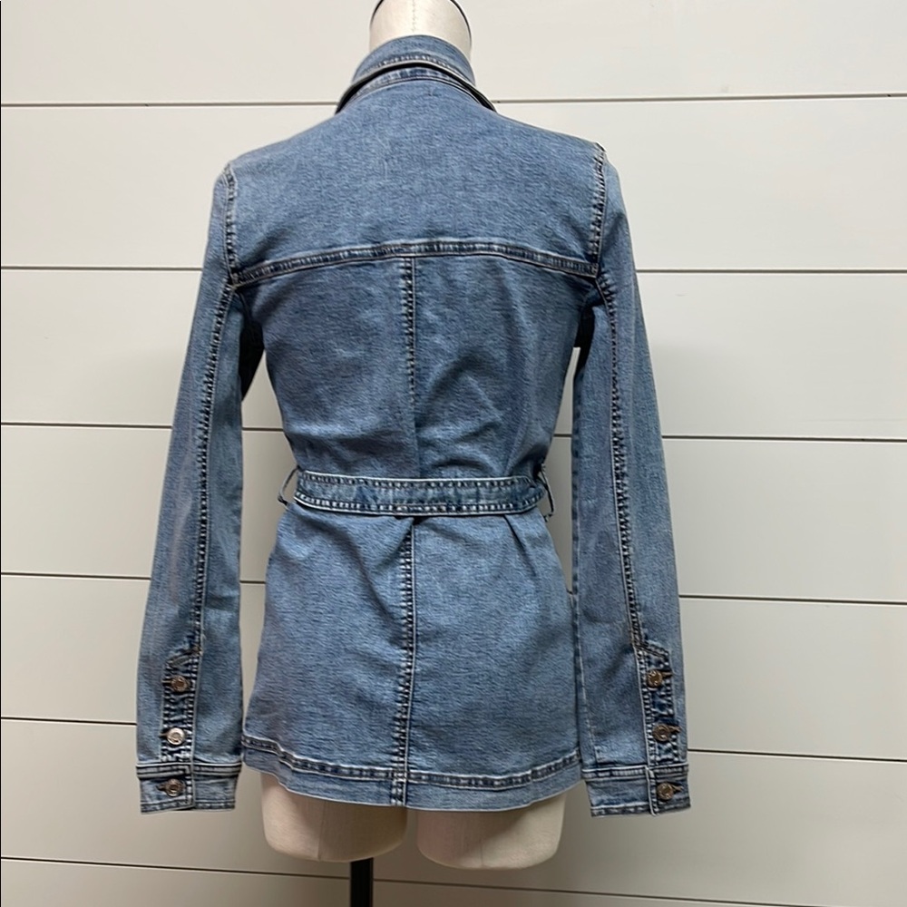 Blue Jean Jacket with Belted Waist and Hip Length - Picture 2 of 5